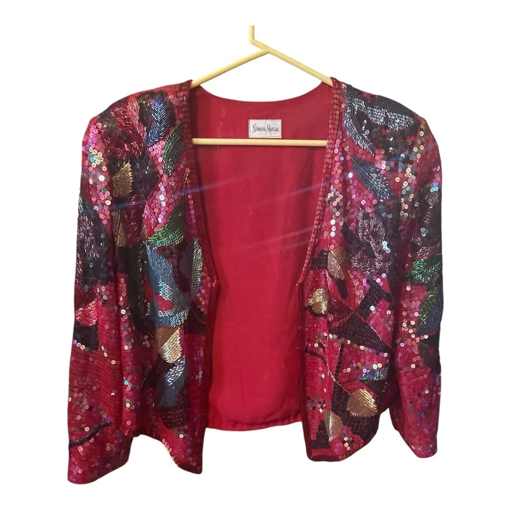 Vintage 80s Neiman Marcus Sequin Bolero Jacket Red Multicolor - Picture 3 of 5